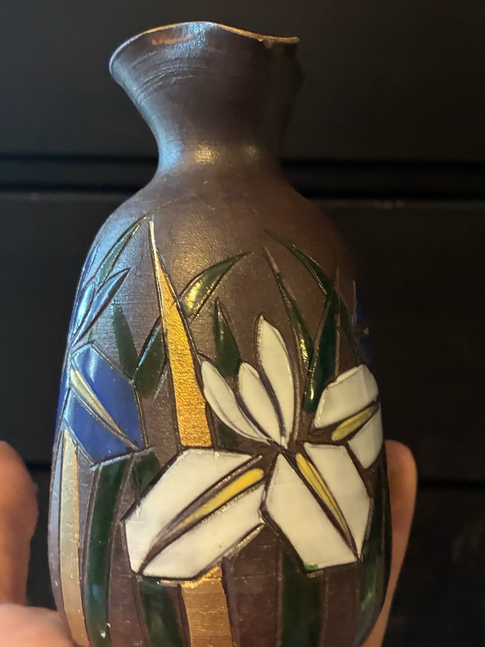 Decorative Brown Floral Ceramic Vase with White and Blue Accents